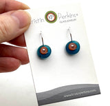 Small Short Circle Earrings in Pink, Orange, and Dark Turquoise Glass and Sterling Silver