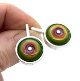 Framed Circle Short Circle Earrings in Green, Orange, and Lavender Glass and Sterling Silver