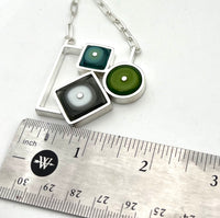 Falling Shapes Necklace in White, Gray, Turquoise, and Green Glass and Sterling Silver