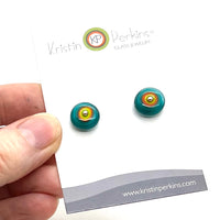 Circle Stud Earrings in Teal, Orange, and Chartreuse Glass and Sterling Silver