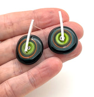 Large Spun Disk Earrings in Deep Teal, Orange, and Green, Orange, and Green Glass