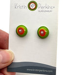 Circle Stud Earrings in Green, Pink, and Orange Glass and Sterling Silver