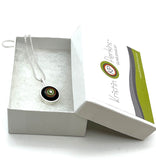 Tiny Framed Circle Necklace in Green, Orange, Teal, and Deep Bottle Green Glass and Sterling Silver