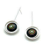 Offset Circle Long Stud Earrings in Green, Orange, and Deep Bottle Green Glass and Sterling Silver