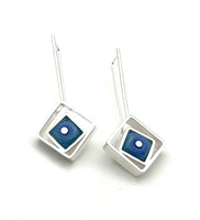 Offset Square Dangle Earrings with Blue and Turquoise Glass and Sterling Silver