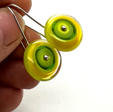 Medium Long Circle Earrings in Yellow and Green Glass and Sterling Silver