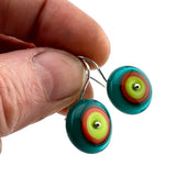 Medium Short Circle Earrings in Green, Orange, and Teal Glass and Sterling Silver