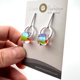 Rainbow Striped Cube Earrings on Silver Circle Long Post