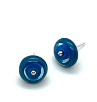 Circle Stud Earrings in Turquoise, Blue, and Steel Blue Glass and Sterling Silver