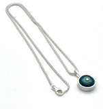 Tiny Framed Circle Necklace in Mint, Turquoise, and Steel Blue Glass and Sterling Silver