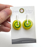 Large Spun Disk Earrings Yellow and Green Glass