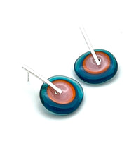 Large Spun Disk Earrings in Dark Aqua, Orange, and Pink Glass