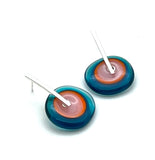 Large Spun Disk Earrings in Dark Aqua, Orange, and Pink Glass