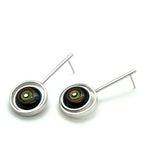 Offset Circle Long Stud Earrings in Green, Orange, and Deep Bottle Green Glass and Sterling Silver