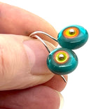 Small Short Circle Earrings in Teal, Orange, and Chartreuse  Glass and Sterling Silver