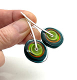 Large Long Spun Disk Earrings in Dark Teal, Orange, and Green Glass