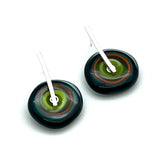 Large Spun Disk Earrings in Deep Teal, Orange, and Green, Orange, and Green Glass