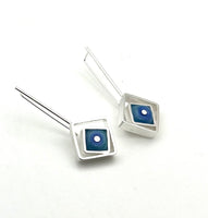 Offset Square Dangle Earrings with Blue and Turquoise Glass and Sterling Silver