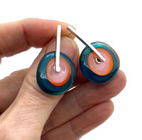 Large Spun Disk Earrings in Dark Aqua, Orange, and Pink Glass