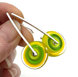 Large Long Spun Disk Earrings Yellow and Green Glass