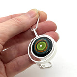 Offset Circle Green, Orange, Teal, and Deep Bottle Green Glass and Sterling Silver