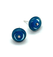 Circle Stud Earrings in Turquoise, Blue, and Steel Blue Glass and Sterling Silver