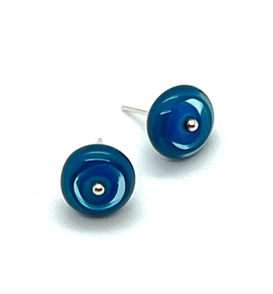 Circle Stud Earrings in Turquoise, Blue, and Steel Blue Glass and Sterling Silver