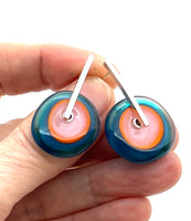 Large Spun Disk Earrings in Dark Aqua, Orange, and Pink Glass