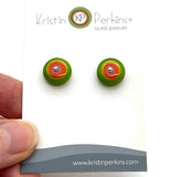 Circle Stud Earrings in Green, Pink, and Orange Glass and Sterling Silver