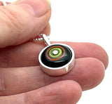 Tiny Framed Circle Necklace in Green, Orange, Teal, and Deep Bottle Green Glass and Sterling Silver