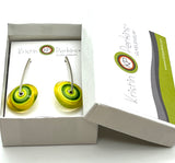 Large Long Spun Disk Earrings Yellow and Green Glass