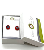 Circle Stud Earrings in Orange/Red and Turquoise Glass and Sterling Silver
