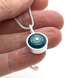 Tiny Framed Circle Necklace in Mint, Turquoise, and Steel Blue Glass and Sterling Silver