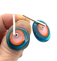 Large Spun Disk Earrings in Dark Aqua, Orange, and Pink Glass