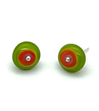 Circle Stud Earrings in Green, Pink, and Orange Glass and Sterling Silver