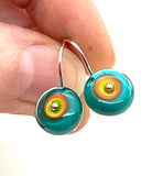 Small Short Circle Earrings in Teal, Orange, and Chartreuse  Glass and Sterling Silver