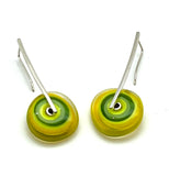 Large Long Spun Disk Earrings Yellow and Green Glass