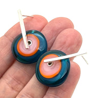 Large Spun Disk Earrings in Dark Aqua, Orange, and Pink Glass