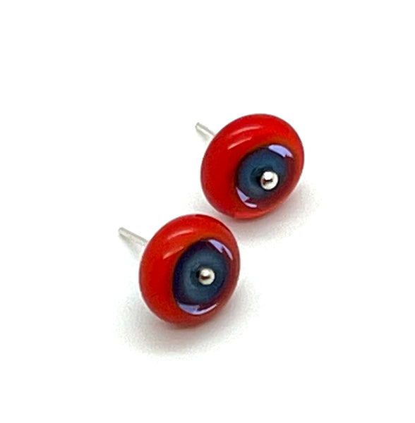 Circle Stud Earrings in Orange/Red and Turquoise Glass and Sterling Silver