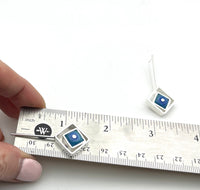 Offset Square Dangle Earrings with Blue and Turquoise Glass and Sterling Silver