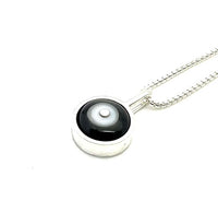 Tiny Framed Circle Necklace in White, Black, and Gray Glass and Sterling Silver