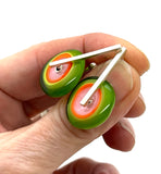Large Spun Disk Earrings in Green, Orange, and Pink Glass