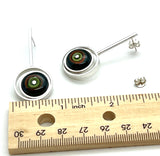 Offset Circle Long Stud Earrings in Green, Orange, and Deep Bottle Green Glass and Sterling Silver