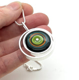 Offset Circle Green, Orange, Teal, and Deep Bottle Green Glass and Sterling Silver