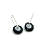 Large Long Spun Disk Earrings in Black, White, and Gray Glass