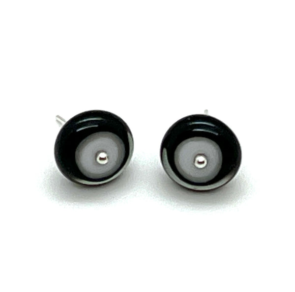 Circle Stud Earrings in Black, White, and Gray Glass and Sterling Silver