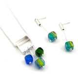 Square Stem Necklace in striped glass with blues and greens