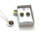 Framed Circle Short Circle Earrings in Green, Orange, and Lavender Glass and Sterling Silver