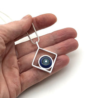 Circle in Square Necklace in Turquoise, Gray, and Violet Glass and Sterling Silver