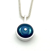 Tiny Framed Circle Necklace in Blue Glass and Sterling Silver